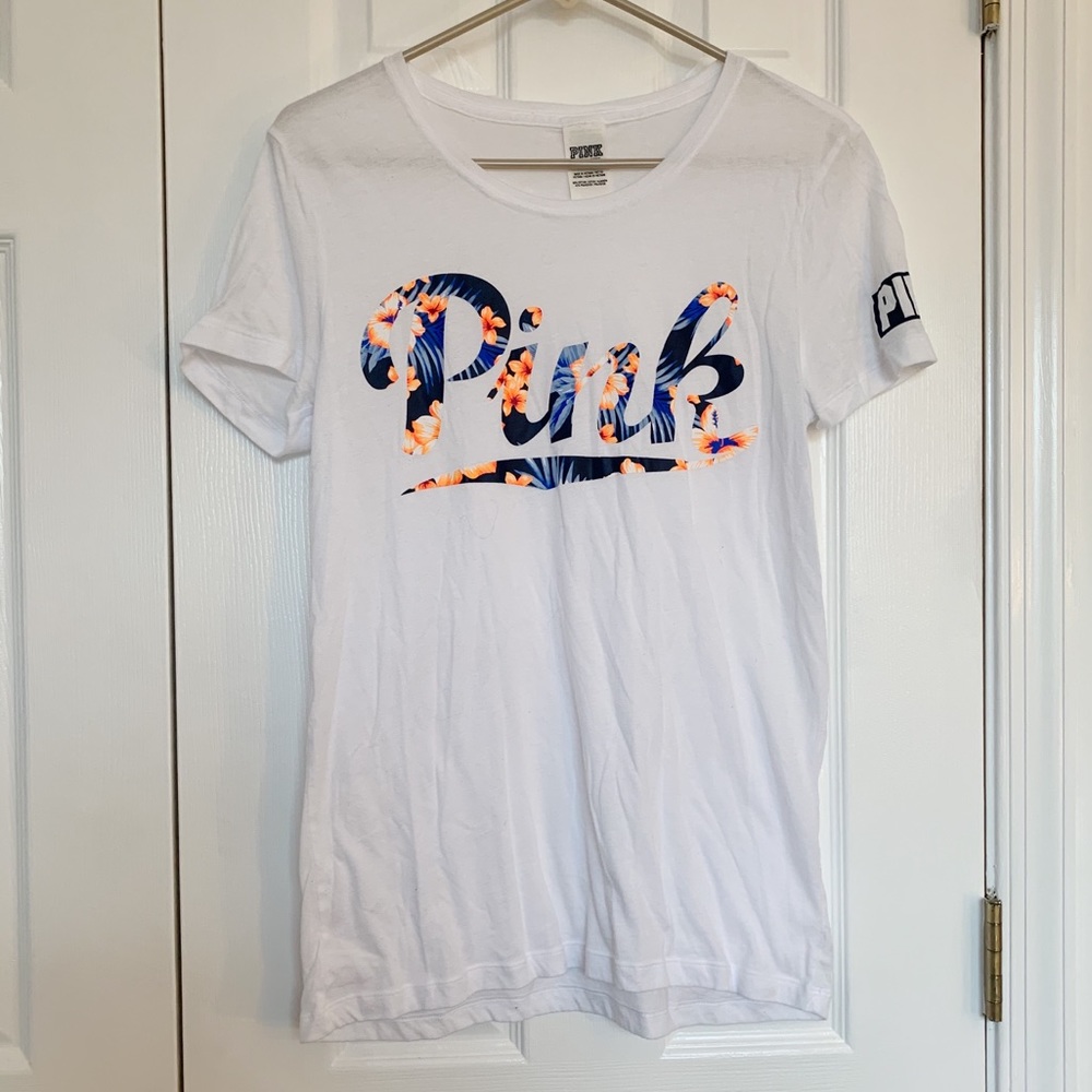 PINK Tee Shirt White With Floral Size S